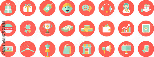 24 flat circular business marketing icons on red background