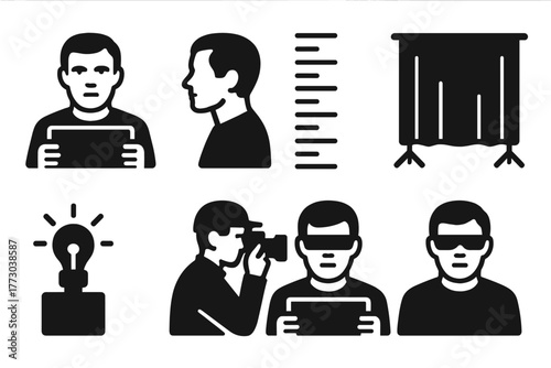 Classic Mugshot Icons. Solid style icons of classic mugshot photography: Frontal Pose, Profile Pose, Height Chart, Backdrop