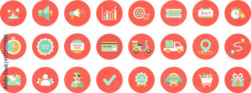 24 Circular Promotional Icons Set with Red, Green, and Yellow Color Palette