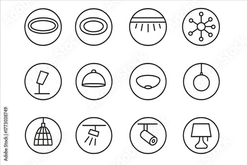 Line Style Light Icons. Line style icons of interior lights in round shape: LED panel, recessed light, cove light, sputnik