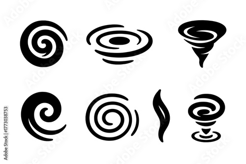 Water Vortex Icons. Solid style icons of vortex in water: Whirlpool Spiral, Swirling Surface, Central Drain Hole, Spinning Funnel,