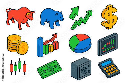 Market Trends Icons. Isometric vector illustration set Market Trends Icons: bull, bear, growth line, dollar sign, coins pile, bar