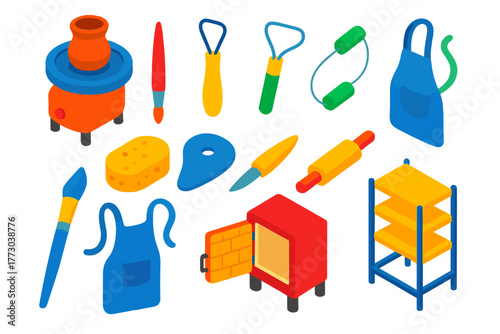 Pottery Tools Icons. Isometric vector illustration set Pottery and Clay Tools Icons: pottery wheel, clay modeling tool, loop tool,