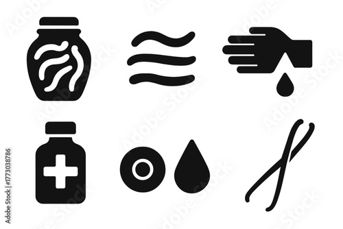 Antique Healing Tools. Solid style icons of Antique Healing Tools: Leech Jar, Leeches, Glass, Bloodletting, Medicine, Lid, Droplet