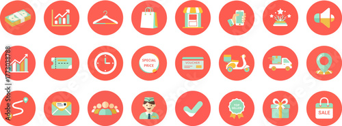 Set of 24 flat circular icons with pastel and bold colors for commerce and sales