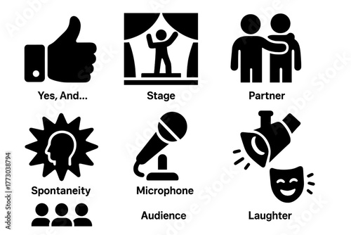 Comedy Improv Icons. Solid style icons of Creative Comedy Scene: "Yes, And...", Stage, Partner, Spontaneity, Microphone, Spotlight