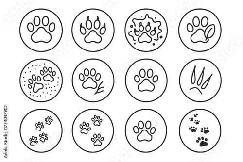 Wild Cat Track Icons. Line style icons of wild cat tracks in round shape: paw print, clawed print, muddy paw, leaf next to paw;
