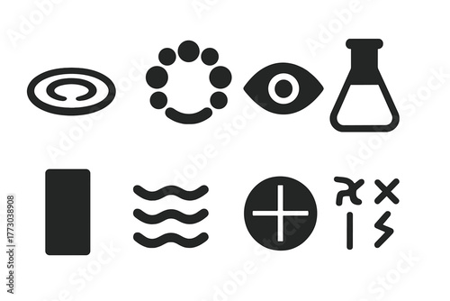 Uroscopy Symbol Icons. Solid style icons of uroscopy symbolism: Liquid Ripple, Circle of Tones, Observation Eye, Flask Shadow,
