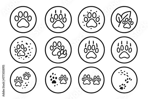 Wild Cat Track Icons. Line style icons of wild cat tracks in round shape: paw print, clawed print, muddy paw, leaf next to paw;