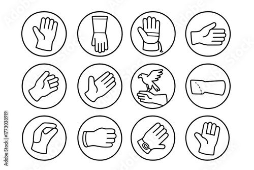 Falconry Gloves Icons. Line style icons of falconry gloves in round shape: thick leather glove, extended cuff glove, padded glove,