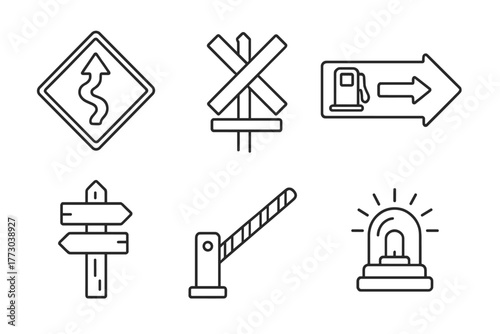 Nostalgic Road Sign Icons. Line style icons of Nostalgic Road Signs and Signals: winding road sign, old railroad crossing, gas