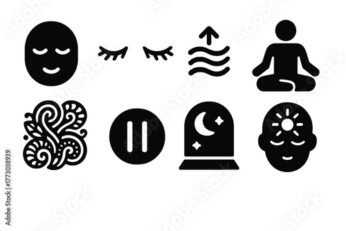Zentangle Meditation Icons. Solid style icons of zentangle meditation: Calm Face, Closed Eyes, Breath Symbol, Centered Posture,