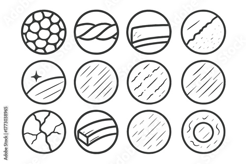 Metal Texture Icons. Line style icons of metal textures in round shape: hammered surface, twisted bar, rough edge, filed blade;