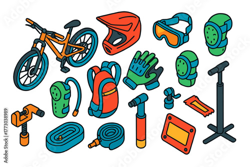 Mountain Bike Gear. Isometric vector illustration set Mountain Bike Race Gear Outline Style: mountain bike, full-face helmet,