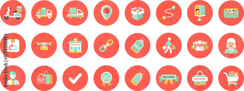 24 flat-designed e-commerce and delivery icons on a red background