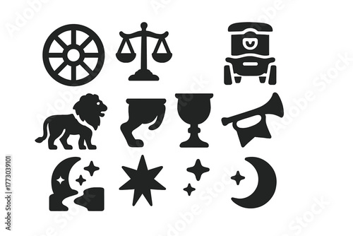Major Arcana Icons. Solid style icons of major arcana motifs: Wheel of Fortune, Justice Scales, Chariot, Strength Lion, Temperance
