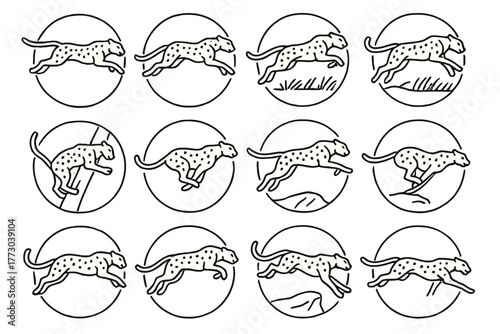 Leopard Motion Icons. Line style icons of leopards in motion in round shape: jumping leopard, sprinting leopard, leaping predator,