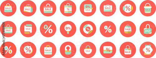 Set of 24 circular icons with shopping bags and percentage symbols on red background