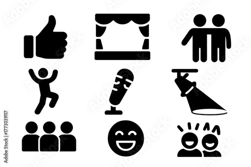 Improv Comedy Icons. Solid style icons of Improv Comedy: "Yes, And...", Stage, Partner, Spontaneity, Microphone, Spotlight,