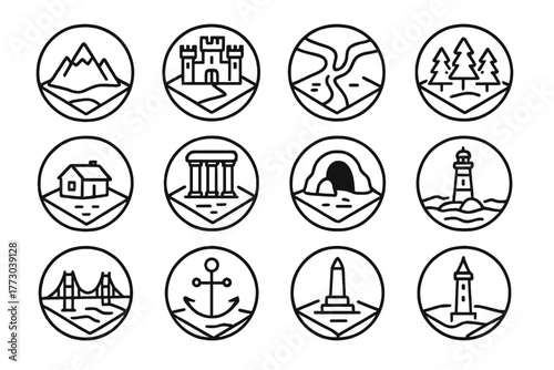 Map Landmarks Icons. Line style icons of landmarks on maps in round shape: mountain peak, castle icon, river delta, forest patch;