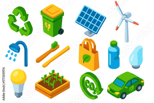 Sustainable Living Icons. Isometric vector illustration set Sustainable Living Icons: recycling arrows, compost bin, solar panel,