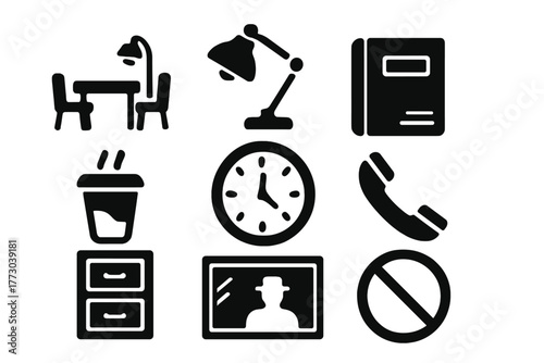 Vintage Police Station Icons. Solid style icons of vintage police station: Interrogation Table, Desk Lamp, Record Book, Cold