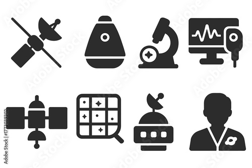 Astrobiology Tools Icons. Solid style icons of astrobiology tools: Space Probe Icon, Sample Return Capsule, Microscopic Scanner,