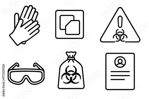 Biohacking Safety Icons. Line style icons of Biohacking Safety Items: sterile gloves, alcohol swab, reaction warning sign, lab