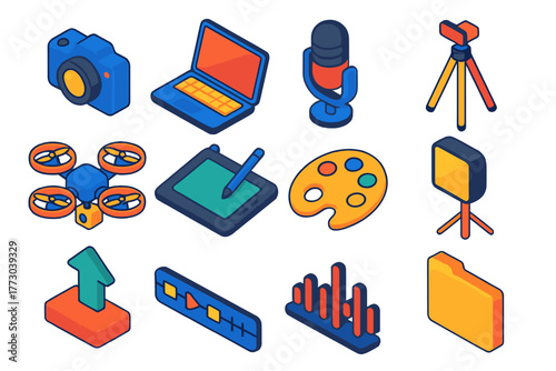 Isometric Creator Toolkit Icons. Isometric vector illustration set Creator Toolkit Icons: camera, laptop, microphone, tripod,