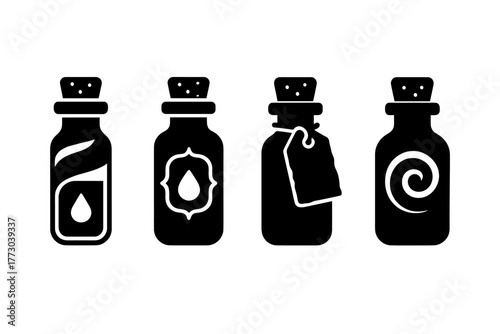 Vintage Serum Icons. Solid style icons of vintage youth serum bottles: Glass Vial, Cork Stopper, Twisted Label, Golden Liquid,