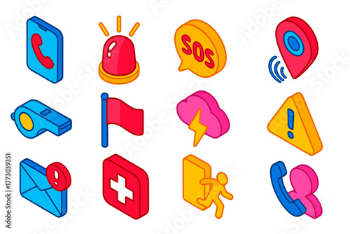 Emergency Icons Set. Isometric vector illustration set Emergency Communication Icons: emergency call icon, alert siren icon, SOS