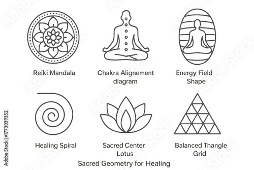 Sacred Geometry Icons. Line style icons of Sacred Geometry for Healing: reiki mandala, chakra alignment diagram, energy field