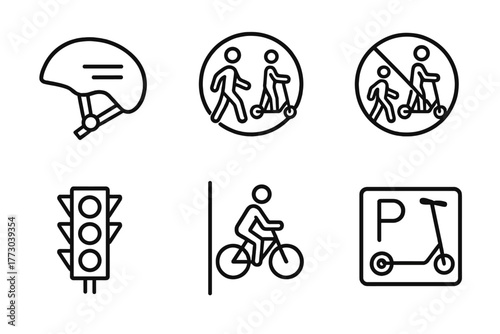 Safety Icon Set. Line style icons of Safety and Micro-Mobility Rules: helmet symbol, pedestrian right-of-way, no riding on