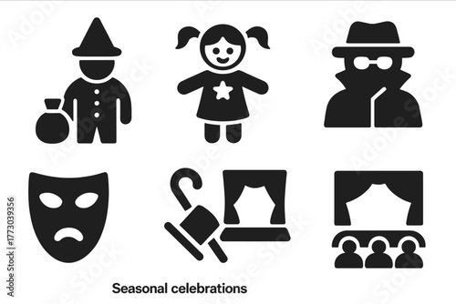Seasonal Celebration Icons. Solid style icons of Seasonal Celebrations: Mumming, Costume, Play, Disguise, Mask, Props, Stage,