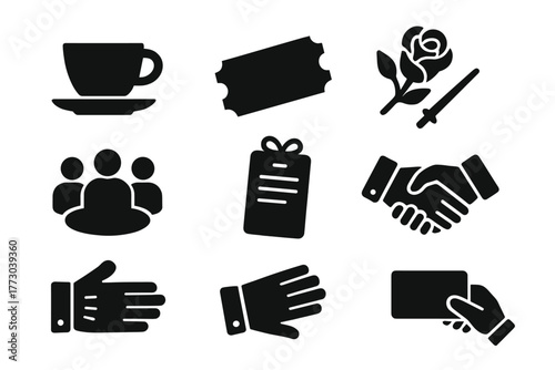 Dandy Culture Icons. Solid style icons of dandy social culture: Tea Cup, Theater Ticket, Flower Boutonniere, Fencing Foil,