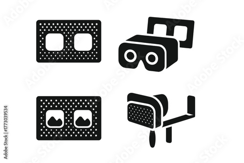 Classic 3D Stereoscope Icons. Solid style icons of Classic 3D Viewing Device: Stereoscope, Card, Viewer, 3D Image, Parlor