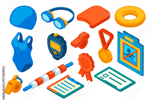 School Swimming Class Essentials. Isometric vector illustration set School Swimming Class: swim cap, goggles, kickboard, floating