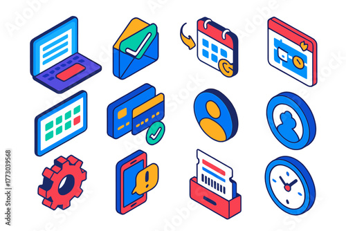 Digital Booking Icons. Isometric vector illustration set Digital Reservation System Icons: booking form on laptop, confirmation