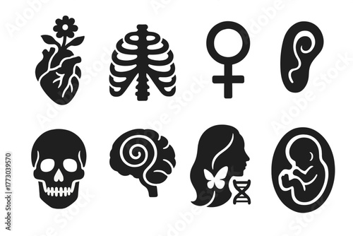 Anatomical Art Icons. Solid style icons of anatomical art symbolism: Flowering Heart, Open Ribcage, Venus Emblem, Spiral Organs,