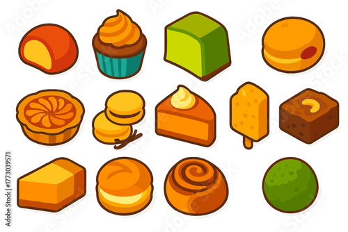Bright Dessert Icons. Isometric vector illustration set dessert icons: mochi ice cream, peanut butter frosting cupcake, chiffon