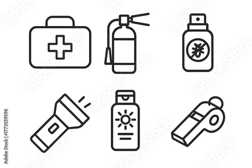 Glamping Safety Icons. Line style icons of Glamping Safety Gear: first aid kit, fire extinguisher, insect repellent, flashlight,