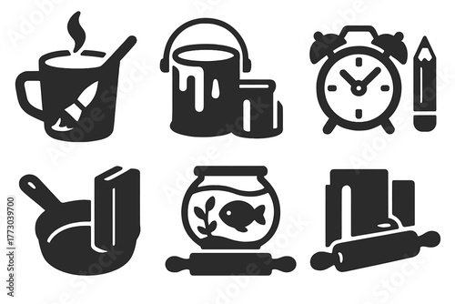Everyday Items Repurposed. Solid style icons of everyday items repurposed: Coffee Cup, Paint Can, Alarm Clock, Pencil Sharpener,
