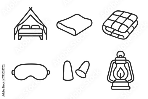 Comfortable Sleep Essentials. Line style icons of Comfortable Sleeping Items: glamping bed, memory foam pillow, warm quilt,