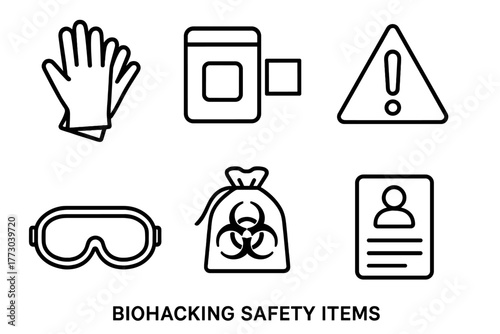 Biohacking Safety Icons. Line style icons of Biohacking Safety Items: sterile gloves, alcohol swab, reaction warning sign, lab