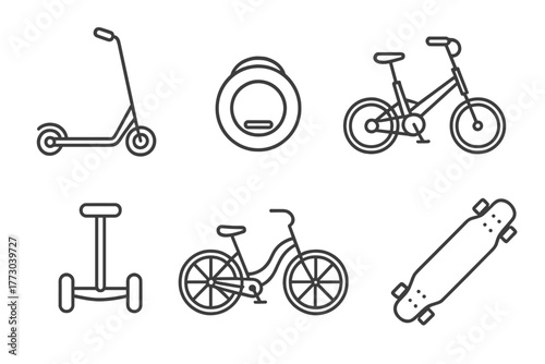 Personal Vehicle Icons. Line style icons of Personal Lightweight Vehicles: kick scooter, monowheel device, collapsible e-bike,