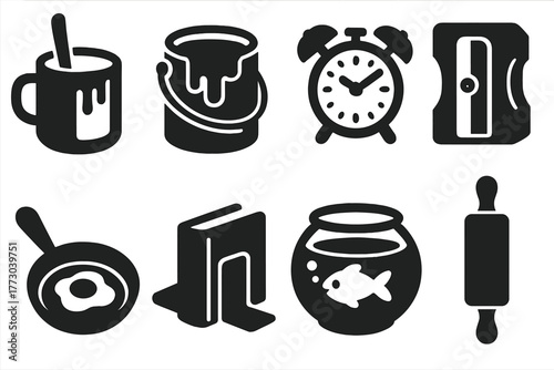 Everyday Items Repurposed. Solid style icons of everyday items repurposed: Coffee Cup, Paint Can, Alarm Clock, Pencil Sharpener,