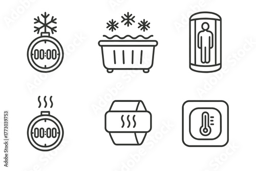 Biohacking Tools Icons. Line style icons of Cold and Heat Biohacking Tools: cold exposure timer, ice bath tub, cryotherapy chamber