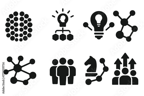 Symbolic Collective Icons. Solid style icons of symbolic collective intelligence: Brain Made of Dots, Hive Mind Glow, Shared