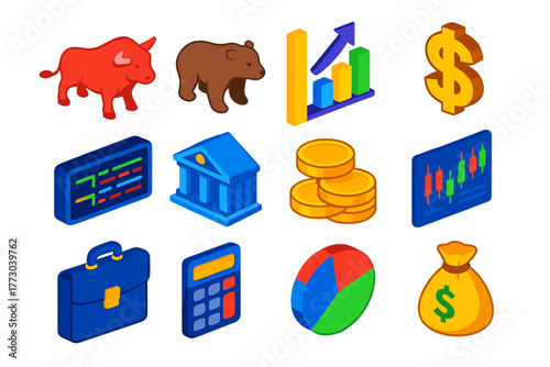 Trading Icons Set. Isometric vector illustration set Trading Floor Icons: bull, bear, growth chart, dollar sign, ticker screen,
