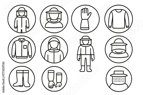 Beekeeping Gear Icons. Line style icons of beekeeping clothing in round shape: beekeeper suit, mesh veil, protective gloves,